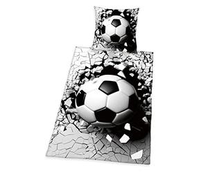 Herding Parure de Lit Effet 3D, Football, Réversible, Taie d'Oreiller 80 x 80 cm, Housse de Couette 135 x 200 cm, Avec Fermeture Éclair Facile, 100% Coton/Renforcé, Gris/Blanc