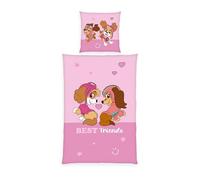Herding Paw Patrol Linge de lit, Motif réversible, 80 x 80 cm + 135 x 200 cm, avec Patte de Boutonnage, 100% Coton, Rose