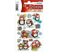 HERMA 15235 Lot de 8 autocollants à paillettes pour enfants Motif pingouins d'hiver (8 autocollants, film brillant) Autocollant permanent Motif étiquettes pour filles et garçons Multicolore