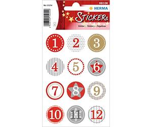 HERMA 15254 Lot de 24 autocollants ronds à paillettes - Chiffres de 1 à 24 - Diamètre : 2 cm - Autocollants de Noël avec étoiles et flocons de neige - Numéro adhésif - Pour décoration de Noël, l'Avent