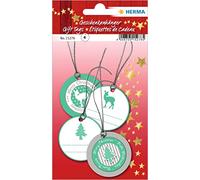 HERMA 15278 Lot de 4 étiquettes cadeaux en forme de sapin de Noël (Ø 5 cm, papier pailleté, rond) - Étiquettes à suspendre pour cadeaux, Noël et décoration - Vert/argenté