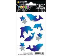 HERMA 15634 Lot de 8 tatouages temporaires dauphins, autocollants à coller, faux tatouages autocollants avec motif dauphins et étoiles, autocollants pour anniversaire, carnaval, enfants, adultes