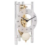 Hermle Horloge de Table à Squelette avec colonnes en Aluminium anodisé - Triangle 23022-X40721, Cadran Arabe, Verre, Argent, Usine, Laiton, 19,5 cm x 11 cm x 9 cm