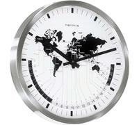 Hermle Horloge murale à quartz en acier inoxydable avec verre frontal bombé Affichage de l'heure universelle
