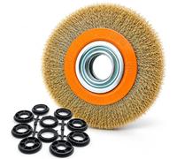 HERO Brosse ronde 150 mm - Fil d'acier laitonné / Alésage 32 mm Réductions 13 / 16 / 19 / 22 / 25,4 mm - Brosse métallique / Nettoyage et polissage - Brosse à disque ondulée pour ponceuse / béquille