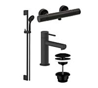 Herzbach Deep Black Duscharmaturen Set Brausearmatur, Wandstangenset, WT-Armatur, Ablaufventil