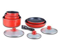 Herzberg Batterie de Cuisine 10 Pièces Revêtement Pierre HG5000, Rouge | revêtement pierre antiadhésif, manche amovible, compatible tous feux dont induction, empilable