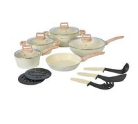 Herzberg Batterie de cuisine HG-WDBEJ14 – 14 pièces, revêtement granit, poignées en bois – Beige
