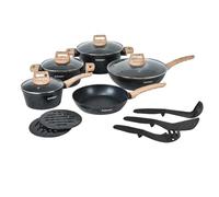 Herzberg HG-WDMRB14 : lot de 14 couverts en granit avec manche en bois - noir