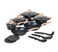 Herzberg Batterie de cuisine HG-WDMRB15 – 15 pièces, revêtement granit, poignées en bois, noir