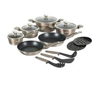 Herzberg Batterie de Cuisine 15 Pièces Revêtement Marbre HGMETCR15, Carbone | aluminium, revêtement marbre antiadhésif, couvercles en verre, ustensiles inclus, compatible induction, tous feux