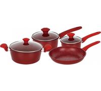 Herzberg HG-04715RED : Batterie de cuisine 7 pièces en fonte avec revêtement en marbre - Rouge