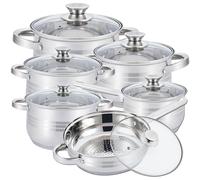 Herzberg HG-1241 : Jeu de batterie de cuisine en acier inoxydable, 12 pièces, avec couvercles en verre