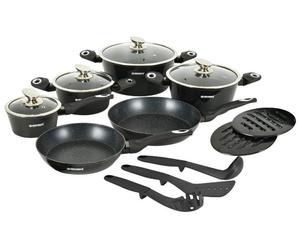 Herzberg HG-METBK15 : ensemble de 15 pièces de batterie de cuisine avec revêtement en marbre - Noir