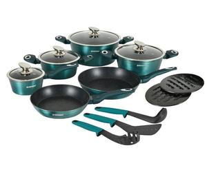 Herzberg HG-METBL15 : ensemble de 15 pièces de batterie de cuisine avec revêtement en marbre - bleu
