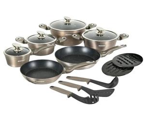 Herzberg HG-METCR15 : ensemble de 15 pièces de batterie de cuisine à revêtement marbré - Carbon