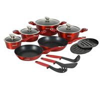 Herzberg HG-METRD15 : Set de 15 pièces de batterie de cuisine avec revêtement en marbre - Rouge