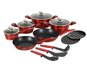 Herzberg HG-METRD15 : Set de 15 pièces de batterie de cuisine avec revêtement en marbre - Rouge