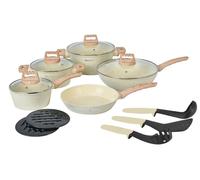 Herzberg HG-WDBEJ14 : lot de 14 pièces en granit avec poignées en bois - Beige