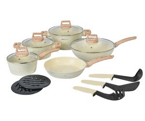 Herzberg HG-WDBEJ14 : lot de 14 pièces en granit avec poignées en bois - Beige