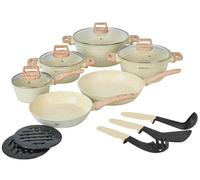 Herzberg Batterie de cuisine HG-WDBEJ15 - Lot 15 pièces, revêtement granit, poignées bois - Beige