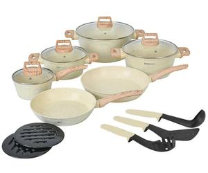 Herzberg HG-WDBEJ15 : lot de 15 pièces en granit avec poignées en bois - Beige