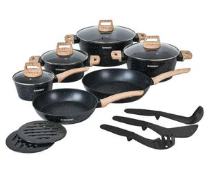 Herzberg HG-WDMRB15 : lot de 15 pièces en granit avec poignées en bois - noir