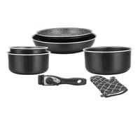 Herzberg HG8053 BLK Batterie De Cuisine, Lot de 3 Casseroles Induction et 2 Poeles Tous Feux de différentes tailles et 1 gant de cuisine, Revêtement Marbre Antiadhésif, Poignées Amovibles, Noir