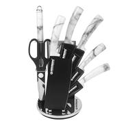 Herzberg Set Couteau Cuisine Professionnel - Couteaux Tranchant en Acier Inoxydable - Support en Acrylique - Poignée ergonomique - Set de couteaux avec support 8 pièces -Marbre HGMSN8-STN