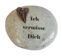 Herzmensch Andrea Zrenner Pierre commémorative « Ich vermisse Dich » - Véritable galet de rivière avec ange en bronze massif - Décoration funéraire artistique - Pierre de consolation résistante aux