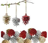 HERZONE Pendentifs en forme de pommes de pin en plastique à paillettes - Décoration de Noël à suspendre - 18 pièces - Rouge, Or, Argent