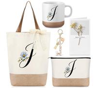 Hestya Cadeau Lettre pour Femmes Sac Cabas Jute Personnalisé Trousse de Maquillage Mug à Café Porte-Clés Ruban de Dentelle Carte Cadeaux d'Anniversaire pour Maman Demoiselles d'Honneur(J)