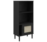 HETFTJN Bibliothèque SENJA en Bois de Pin Massif Noir, Étagère de Rangement avec Porte en Résine Tressée Aspect Rotin, Style Bohème Mid-Century, 60 x 35 x 130 cm