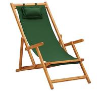 HETFTJN Chaise de Plage Pliable en Bois d'Eucalyptus, Transat de Jardin Inclinable 3 Positions avec Oreiller et Tissu Vert, Chaise Longue pour Camping et Terrasse 60x127 cm