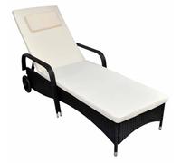 HETFTJN Chaise Longue de Jardin en Résine Tressée Noire, Bain de Soleil avec Dossier Réglable 4 Positions, 2 roulettes et Coussin Crème, Transat pour Terrasse et Patio, 198x66 cm