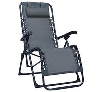 HETFTJN Chaise Pliante de Jardin et Fauteuil Inclinable de Terrasse en Textilène Gris, Siège Extérieur Pliable avec Appui-Tête Rembourré et Structure en Acier Robuste, 65 x 50 x 111 cm