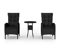 HETFTJN Ensemble de Bistro de Jardin 3 Pcs, Salon de Jardin en Résine Tressée Noir avec Table Ronde en Verre Trempé et 2 Fauteuils Inclinables pour Balcon, Terrasse et Patio
