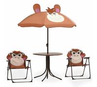 HETFTJN Ensemble de Bistro de Jardin Petit Format 4 Pièces avec 1 Table Ronde 2 Chaises Pliantes et 1 Parasol Mobilier de Terrasse Compact en Acier et Polyester Marron