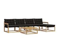 HETFTJN Ensemble de Canapé de Jardin 6 Pièces en Bois d'Acacia Massif et Textilène, Salon de Jardin Modulaire avec Table Basse, Pouf et Coussins Épais, pour Terrasse, Blanc et Noir