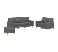 HETFTJN Ensemble de Canapés 3 Pièces avec Canapé 3 Places, Canapé 2 Places et Pouf Repose-Pied, Salon en Tissu Gris Foncé et Métal avec Coussins Décoratifs Cylindriques