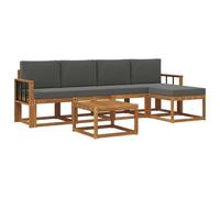 HETFTJN Ensemble de Canapés d'Extérieur 6 Pièces en Bois d'Acacia Massif, Salon de Jardin Bas Modulaire avec Table Basse et Pouf Repose-Pied, Design Naturel et Anthracite