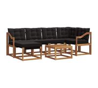 HETFTJN Ensemble de Canapés d'Extérieur 7 Pièces en Bois d'Acacia Massif et Textilène Noir et Naturel, Salon de Jardin Modulable avec Table, Pouf et Coussins pour Terrasse et Balcon