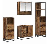 HETFTJN Ensemble de Meuble de Salle de Bain 4 Pièces, Mobilier en Bois d'Ingénierie Coloris Bois Ancien avec Armoire Miroir, Meuble sous-Vasque, Colonne Haute et Meuble Bas