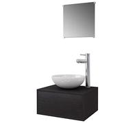 HETFTJN Ensemble Meuble de Salle de Bain Suspendu 4 Pièces Noir avec Vasque en Céramique Blanche Miroir et Robinet Mitigeur pour Cabinet de Toilette et Petits Espaces