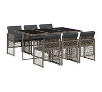 HETFTJN Ensemble Repas Jardin 7 Pièces en Résine Tressée avec 1 Table en Verre Trempé et 6 Chaises avec Coussins Gris, Salon de Jardin Encastrable pour Terrasse et Extérieur