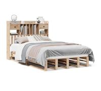 HETFTJN Lit Bibliothèque 135x190 cm en Bois de Pin Massif avec Tête de Lit Rangement et Sommier à Lattes, Structure de Lit Double pour Adulte, Naturel sans Matelas