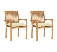 HETFTJN Lot de 2 Chaises de Jardin en Bois de Teck, Fauteuils d'Extérieur Empilables avec Coussins Blanc Cassé, Mobilier de Terrasse, Style Vintage, 60 x 57,5 x 90 cm