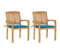 HETFTJN Lot de 2 Chaises de Jardin en Bois de Teck Massif avec Coussins Bleus - Fauteuils Empilables, Vintage, pour Patio, Terrasse et Extérieur, Dimensions 60 x 57,5 x 90 cm