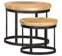 HETFTJN Lot de 2 Tables d'Appoint Rondes en Bois de Manguier Massif et Acier Noir, Tables Basses Gigognes de Salon Style Industriel Vintage avec Motifs Sculptés, 53cm et 43cm