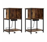 HETFTJN Lot de 2 Tables de Chevet avec Station de Charge, Cabinet de Chevet Rustique en Bois d'Ingénierie et Acier, 6 Étagères de Rangement pour Chambre, Chêne Fumé, 38 x 31 x 61 cm